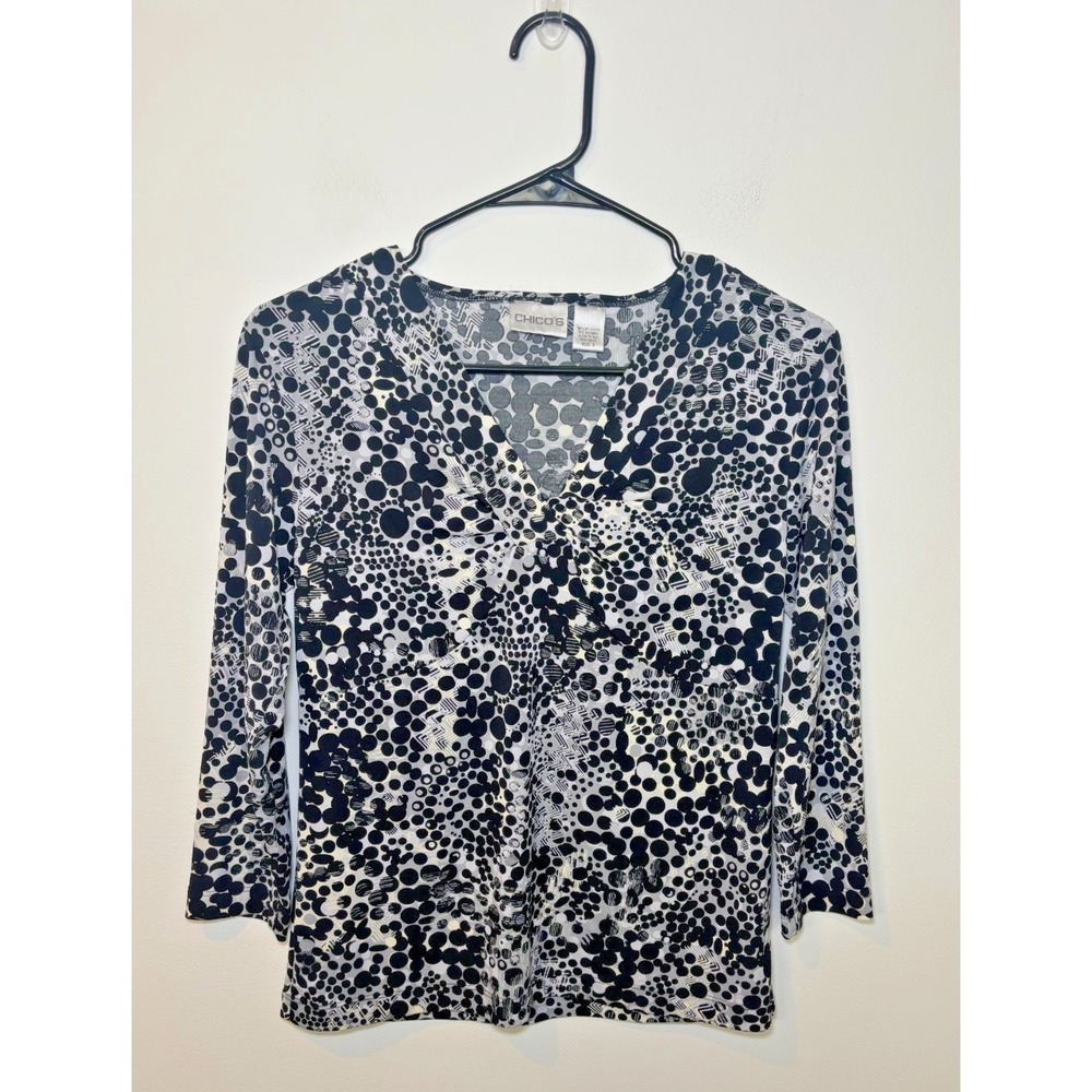 Chico's Size 0 Women's Blouse Black Polka Dot